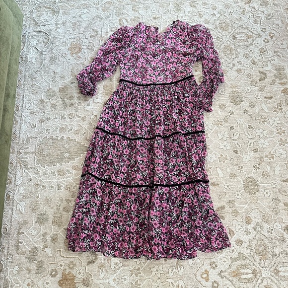 Zara Floral Tiered Midi Dress Velvet Trim Pink Black - sz M 6 8 10 - NWT - Picture 2 of 3